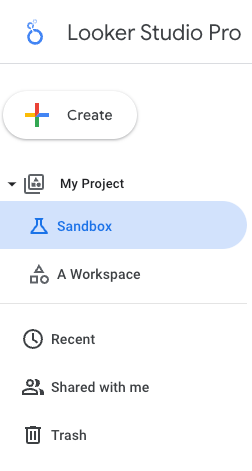 Navigatie aan de linkerkant van Looker Studio met een Pro-project met de naam My project met een gemarkeerde sandbox. 'Owned by me' is niet beschikbaar.