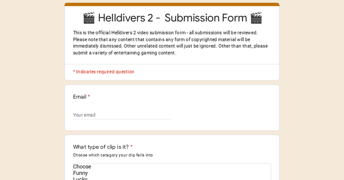 Ready go to ... https://forms.gle/GVKxE1gwL3AziraK7 [     ð¬ Helldivers 2 -  Submission Form ð¬]