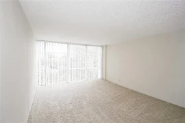 Living room with floor to ceiling window and neutral colored carpet and walls