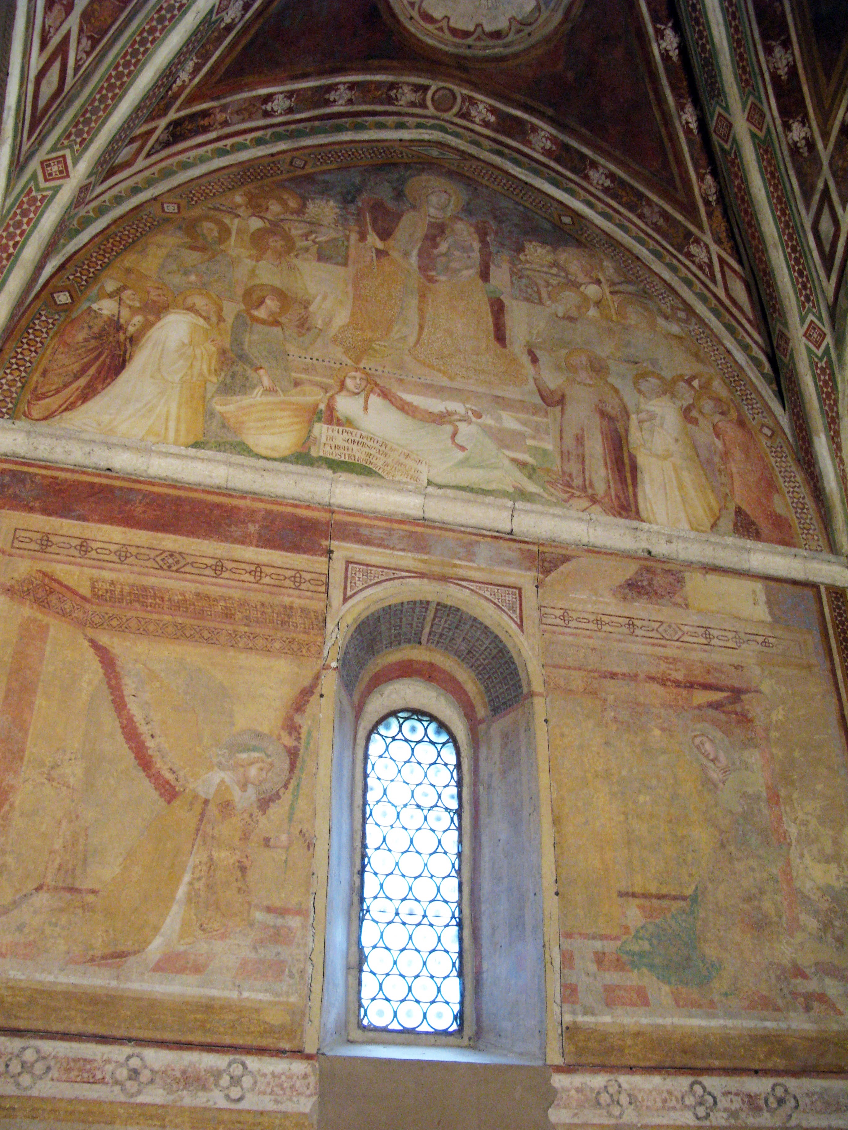 Ambrogio Lorenzetti e bottega, affreschi della Capella di San Galganoa, vista della parete dell'altare, circa 1334-36, Eremo di Montesiepi (Chiusdino)