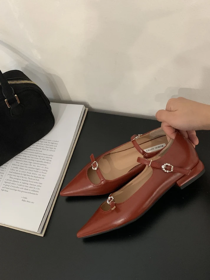 French Style Retro Chunky Heel Buckle Pointed Toe Shoes. Elevate your style with comfort and vintage charm for any occas