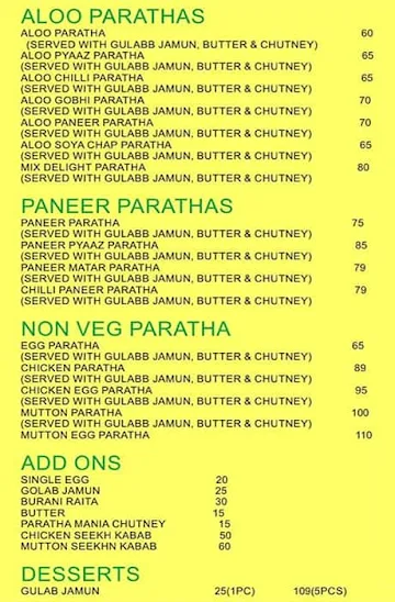 Paratha Mania menu 