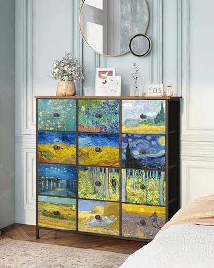 12-Drawer Fabric Dresser Chest Van Gogh Style Bedroom Sto... - 0