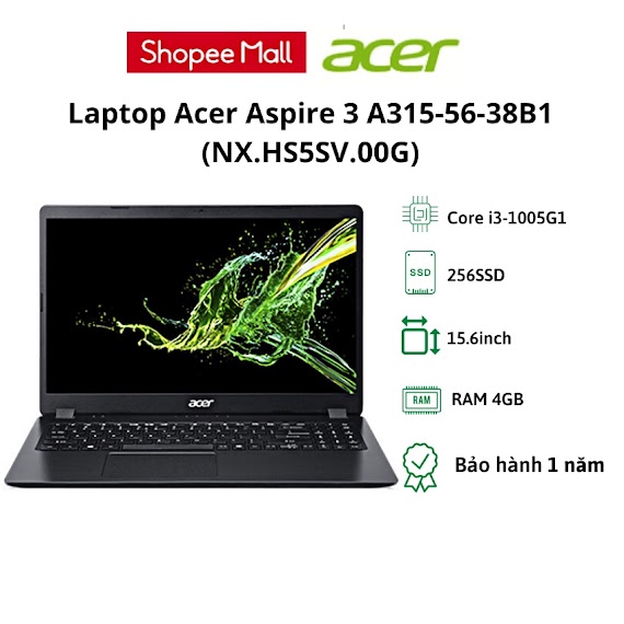 Laptop Acer Aspire 3 A315 - 56 - 38B1/Đen/Intel I3 - 1005G1/ Ram 4Gb/256Ssd/15.6Inch Fhd