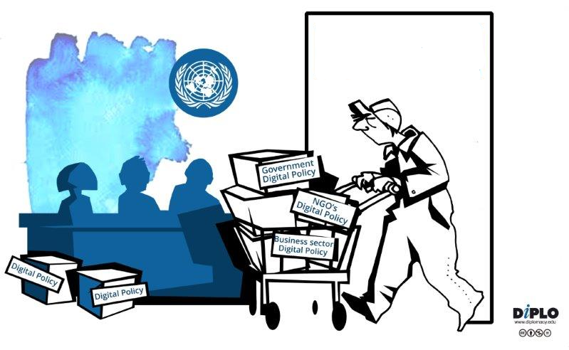 A worker pushes a cart full of boxes with information about government digital policy, NGO’s digital policy, business sector digital policy from one UN meeting room to another.