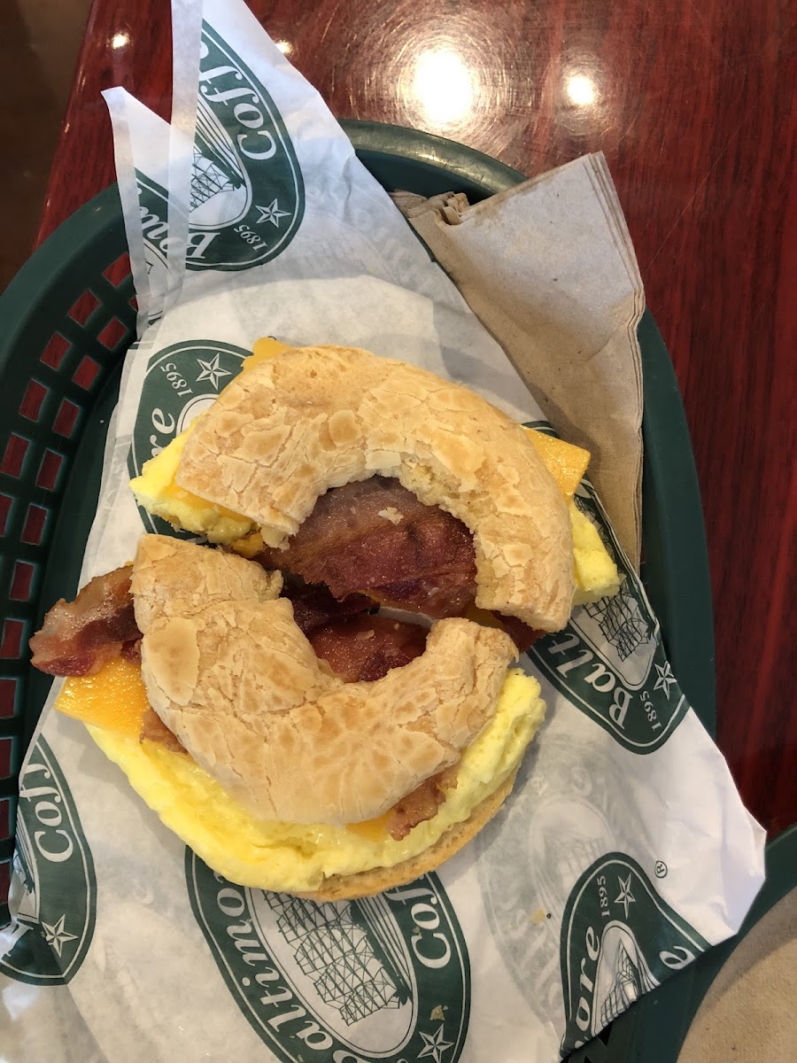 Gluten free bagel with bacon, egg & cheese. Tastes better than it looks! Lol They also offered to toast it separately than the other bagels.