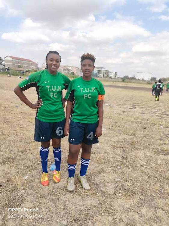 Rachael Makena and Rose Nawire during a football match at the TUK grounds in South C on August 6