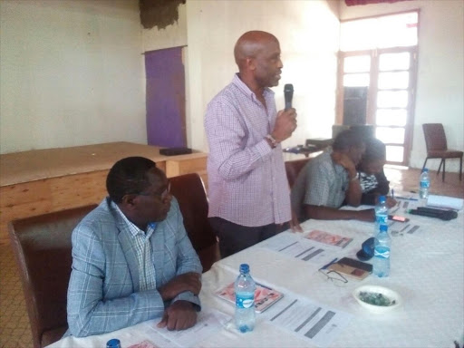 Communications Authority of Kenya director general Francis Wangusi and Information PS Sammy Itemere during media professionals' day-long workshop at Tourist hotel in Bungoma town, February 11, 2017. /BRIAN OJAMAA