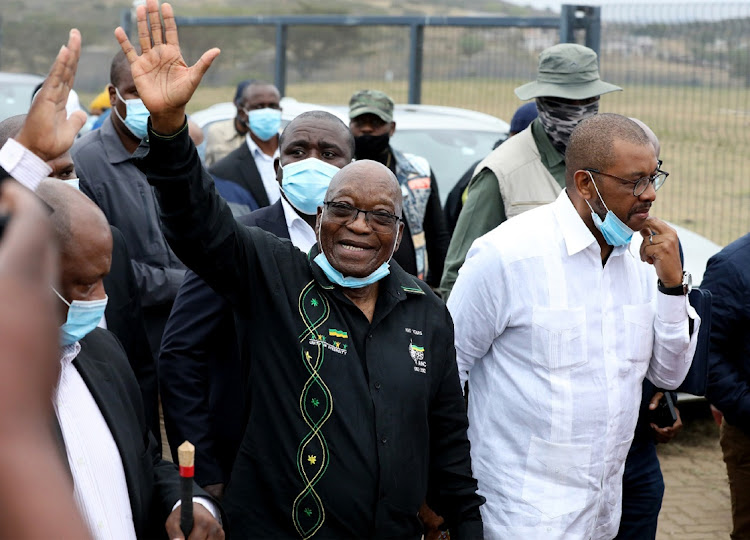 Former president Jacob Zuma addresses his supporters in Nkandla, KwaZulu Natal. The former president said he will not hand himself over after he was sentenced to 15 months in jail for contempt of court.