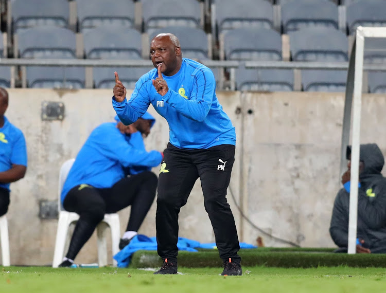 Pitso Mosimane, coach of Mamelodi Sundowns reacts during the Absa Premiership 2018/19 match between Orlando Pirates and Mamelodi Sundowns at Orlando Stadium, Johannesburg on 01 May 2019.