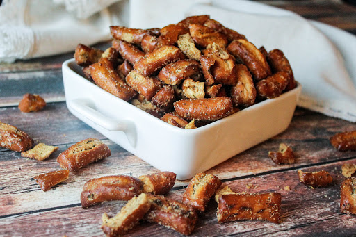 Ranch sourdough pretzels in a white bowl.