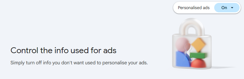 "Control the info used for ads" section on Google account