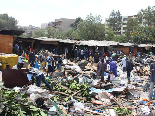 Stalls in Nyayo market, Ngara, were demolished on Sunday, January 10, 2019. /EZEKIEL AMING'A