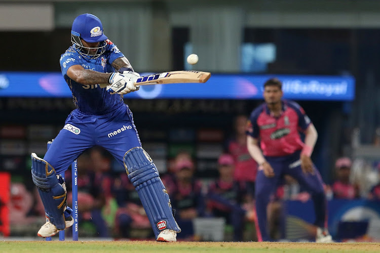 Suryakumar Yadav of Mumbai Indians plays a shot in the TATA Indian Premier League match against Rajasthan Royals at the DY Patil Stadium in Mumbai on April 30, 2022