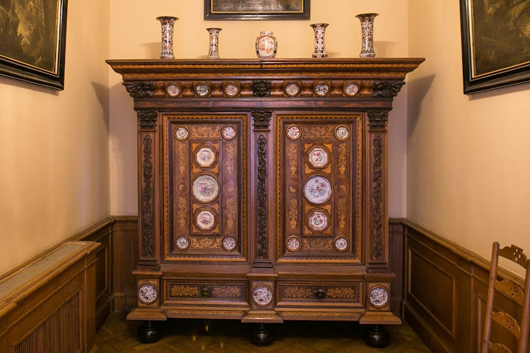 An antique chest, saved from the bombing raids in World War II, in Peterhof Palace near St. Petersburg, Russia.