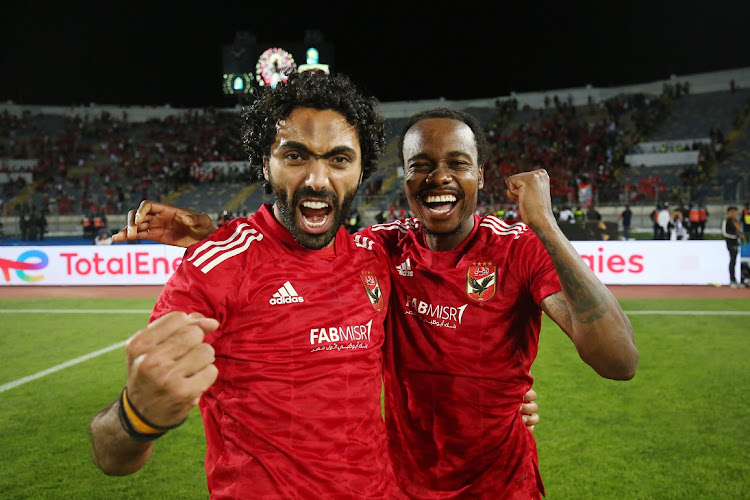 Percy Tau celebrates after Al Ahly win the 2022/23 Caf Champions League final against Wydad Casablanca after a 1-1 draw in the second second leg at Stade Mohammed V in Casablanca, Morocco, on June 11 2023.