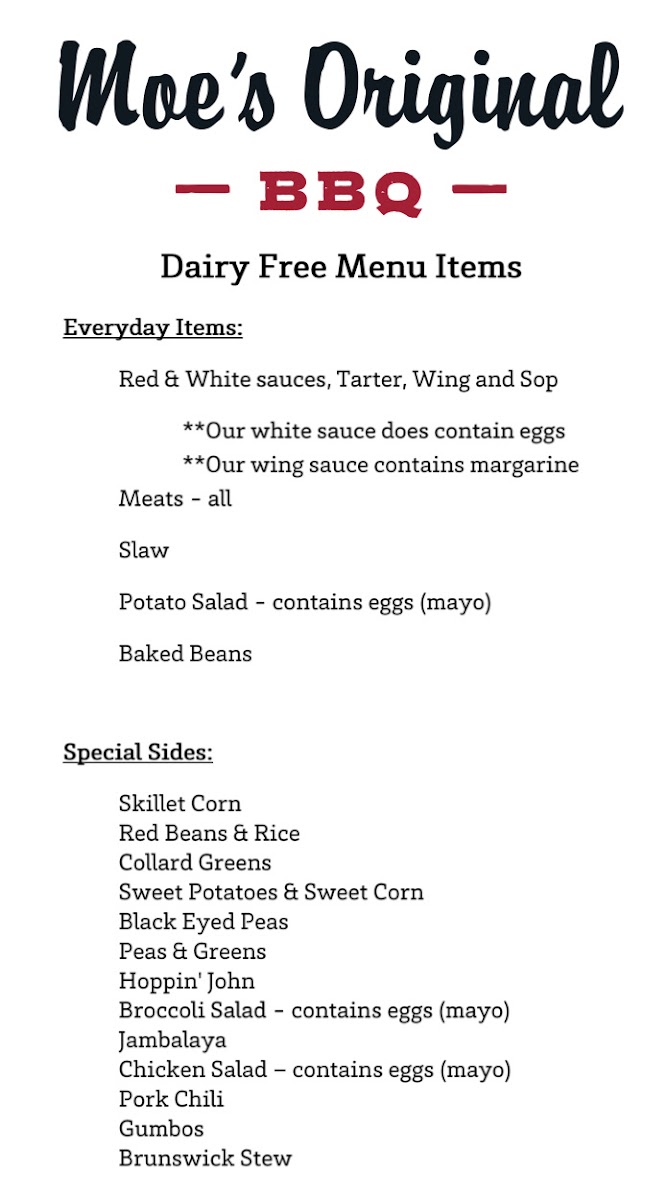 Dairy Free Menu