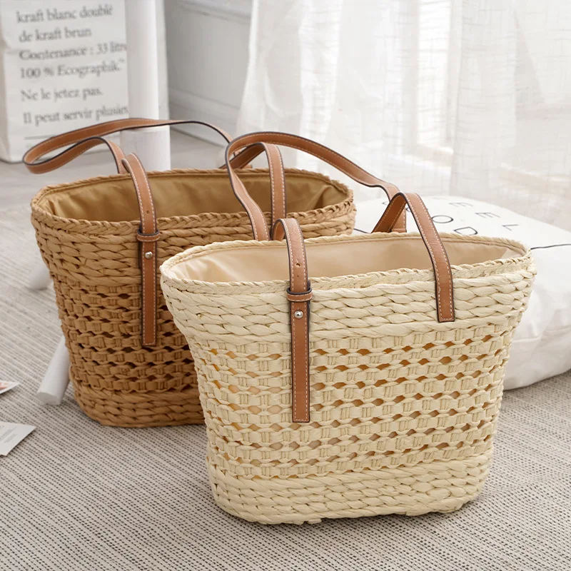 Grand Sac Tressé en Paille Blanc/Kaki, Simple et Urbain, Idéal pour la Mode, Grande Capacité, Parfait pour un Usage Quotidien