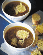 French onion soup topped with cheesy croutons.