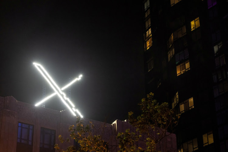 The X logo at the headquarters of the messaging platform in San Francisco, California.