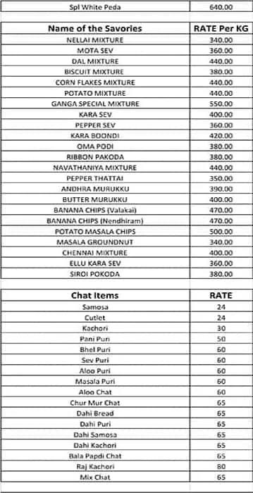 Ganga Sweets menu 