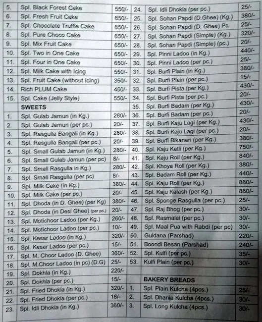 Samrat Bakery And Confectionery menu 