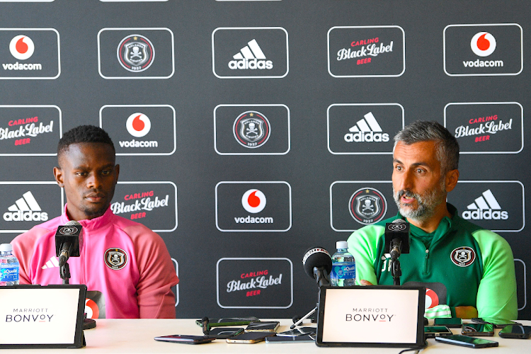 Orlando Pirates captain Innocent Maela and coach Jose Riveiro during the club's media open day at Rand Stadium on September 18 2023.