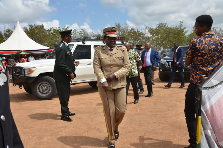 Machakos county commissioner Rhoda Onyancha arrives at HGM Matuu Memorial Primary School for the 59th Jamhuri Day celebrations in Yatta subcounty on Monday, December 12, 2022.