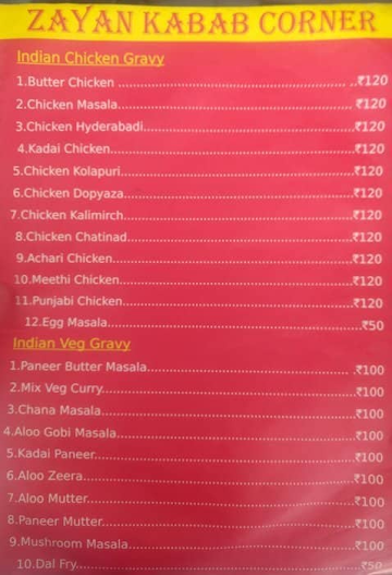 Zayan Kabab Corner menu 