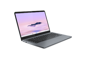 Vista lateral izquierda de un Lenovo IdeaPad Slim 3i Chromebook Plus abierto que muestra la pantalla de inicio.