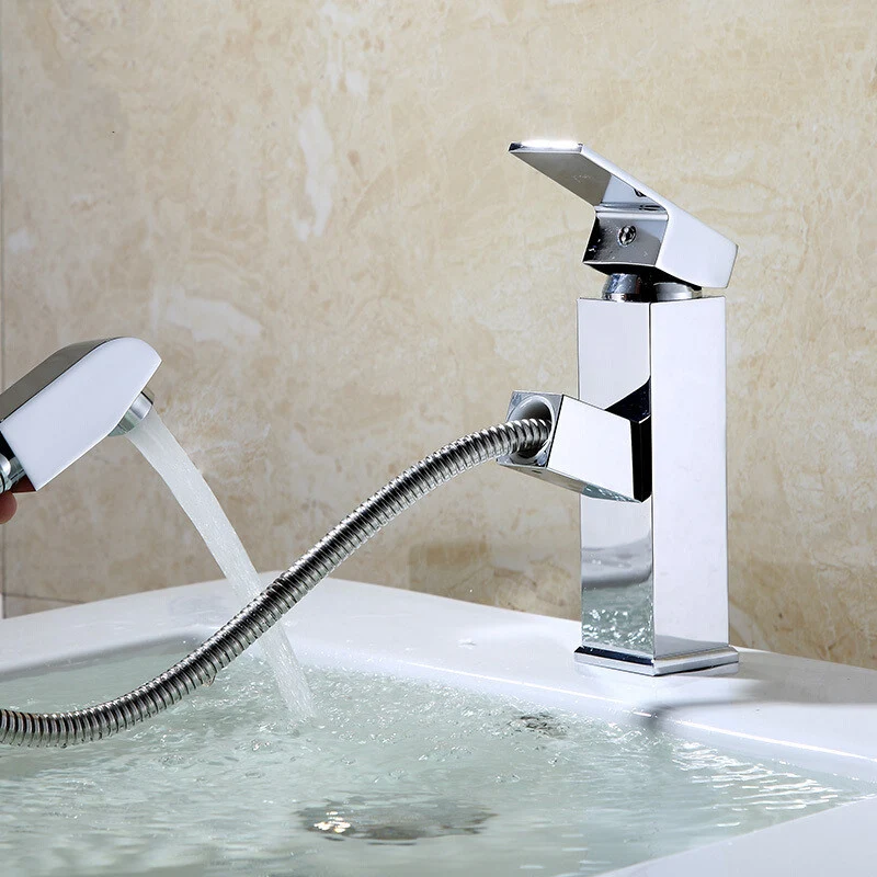 Pull Out Hot and Cold Basin Faucet for Bathroom and Kitchen. Telescopic Square Faucet provides convenience and style for