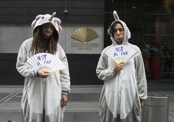 Protesters gather outside the Mandarin's branch in New York last month. Photo courtesy of Forest Heroes