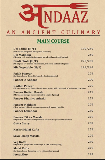 Andaaz An Ancient Culinary menu 