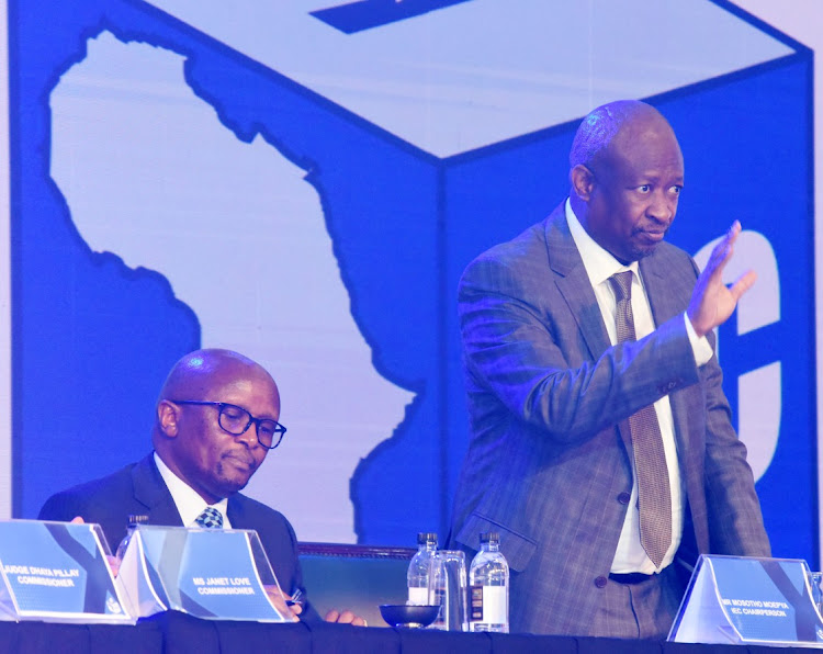 IEC chair Mosotho Moepya and CEO Sy Mamabolo present '2024 election state of readiness' at the official launch of the elections in Midrand. Picture: Freddy Mavunda © Business Day