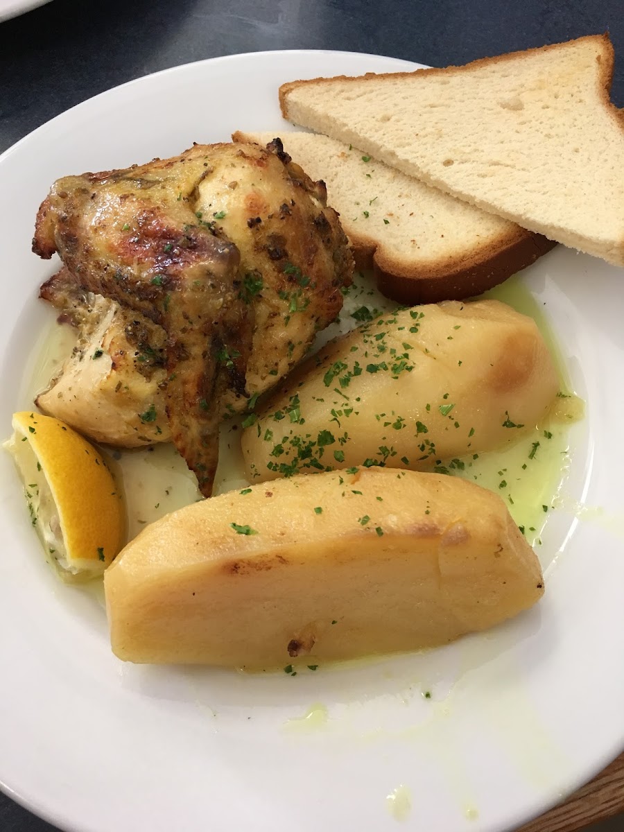 Quarter rotisserie chicken with Greek potatoes (you’ve got to get the potatoes!) and gluten-free bread