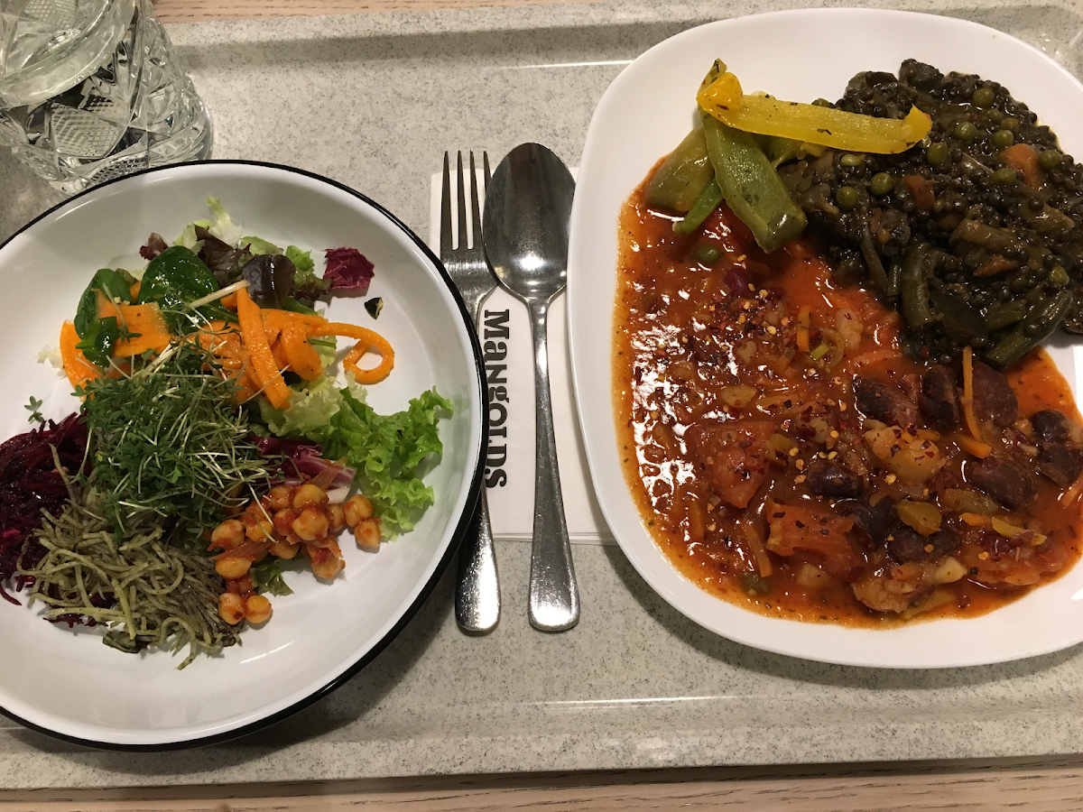 mixed salad; bean stew; black daal