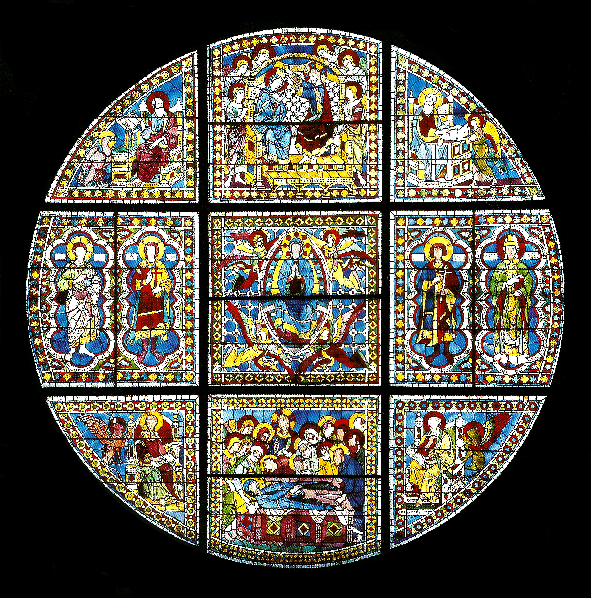 Duccio di Buoninsegna e maestri vetrai non identificati, La Vetrata del Duomo di Siena1287-1288, vetri colorati e dipinti a grisaglia, 560 × 560 cm, Museo dell’Opera del Duomo, Siena