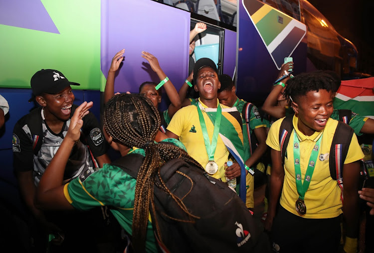 Banyana Banyana players at the team bus after their 2-1 Women's Africa Cup of Nations final win against Morocco in Rabat.