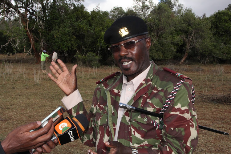 Mukogodo assistant county commissioner Peter Ole Ng'eny at Lokusero village on Tuesday. He gave villagers an ultimatum, until Saturday to produce cattle rustlers or the stolen livestock.