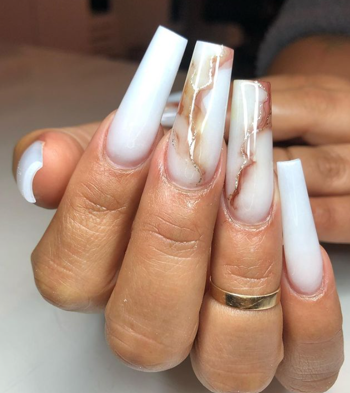 Brownly Marble  White Nails With Design