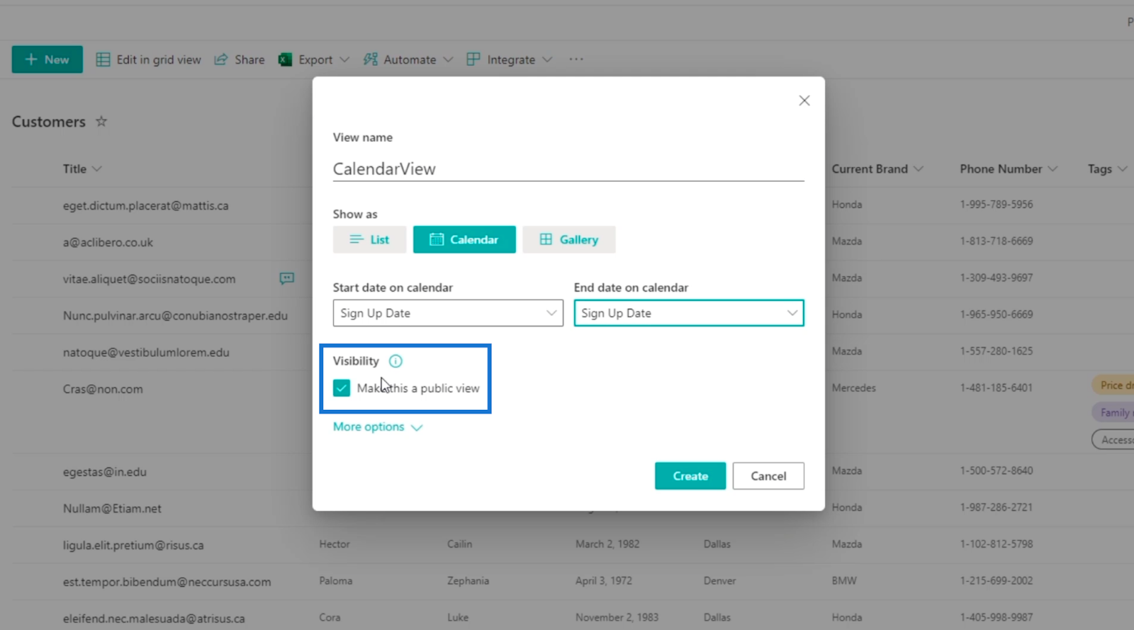 sharepoint list calendar view