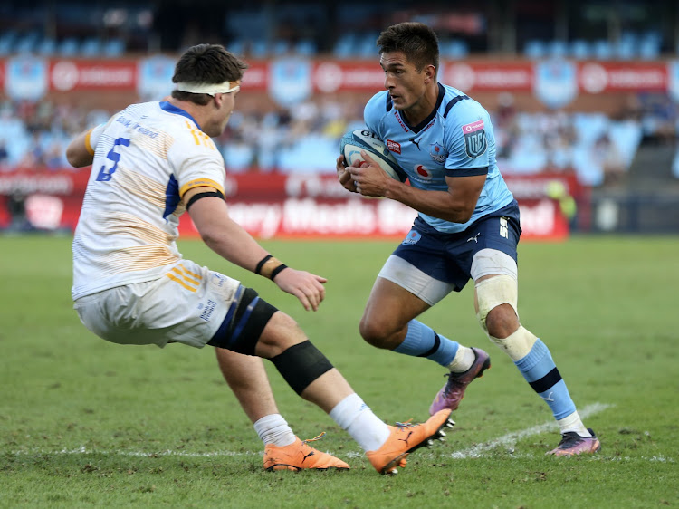 Harold Vorster of the Bulls challenged by Brian Deeny of Leinster during their United Rugby Championship (URC) clash at Loftus Stadium in Pretoria on 22 April 2023.