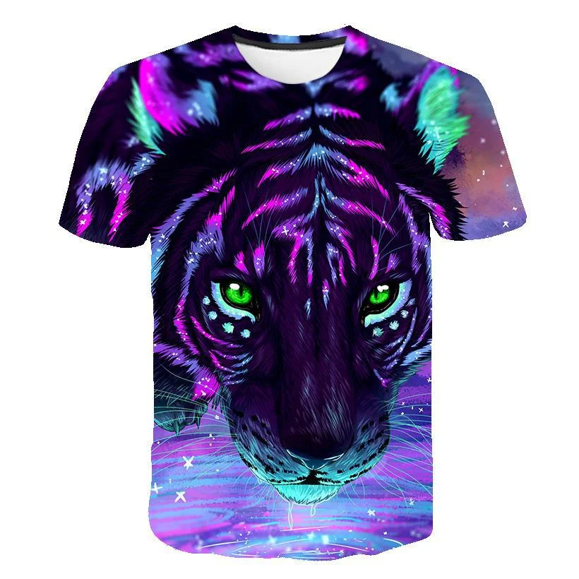 T-shirt tête de tigre science-fiction, impression numérique 3D, tissu mesh respirant, design unique et confortable pour un look futuriste.
