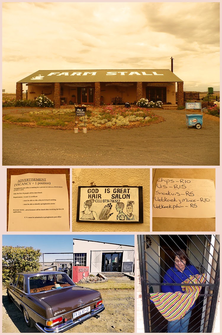 Top: A remaining successful business in Springfontein where you can buy fresh pies and coffee. Centre from left: Springfontein post office's days are probably numbered; hair salons are among the last businesses still operating; in this shop you could once order cheap food, but the doors are now closed. Bottom left: A successful business in Trompsburg, Snobs Coffee. The rest of the town is broken. Right: A resident who crochets blankets for a living.