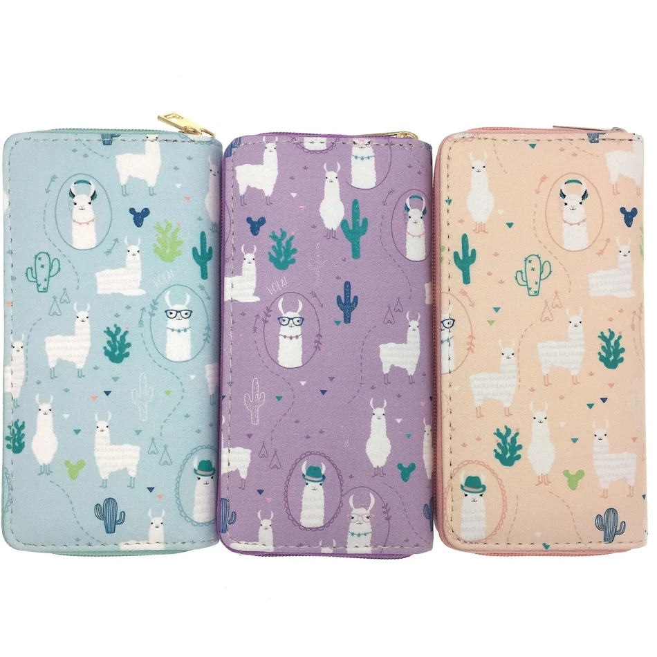 Carteira PU de cacto e alpaca estilo europeu e americano, com zíper longo, perfeita para estudantes e mulheres, moderna e funcional.