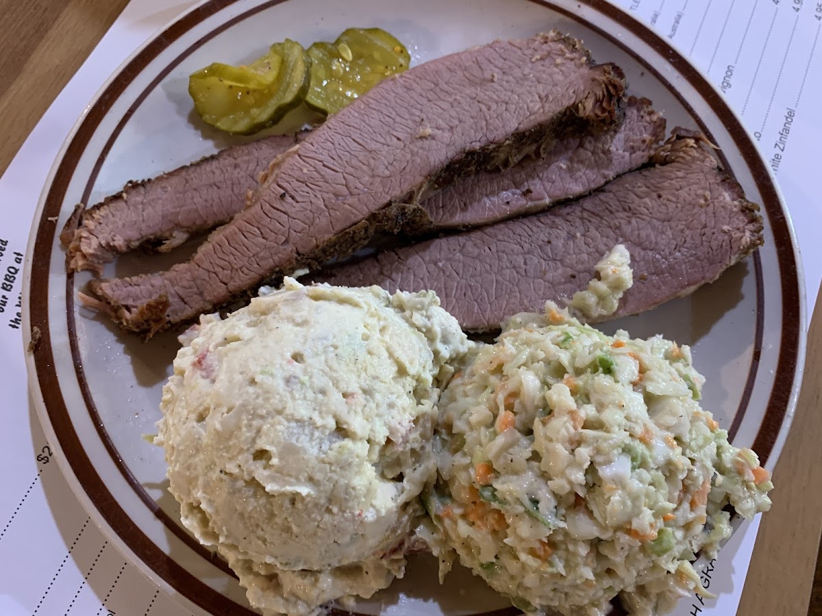 Sliced Brisket with Potato Salad n Cole Slaw