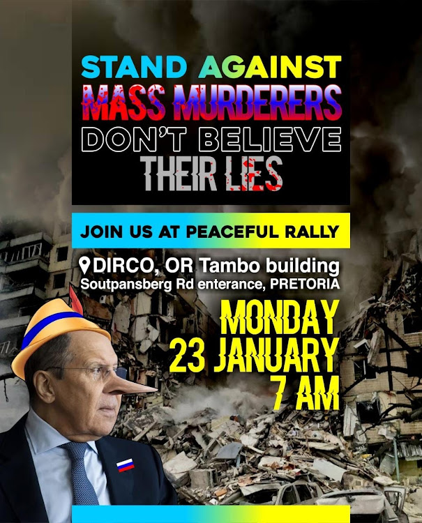 The Ukrainian Association of South Africa issued this poster ahead of a visit by Russian foreign affairs minister Sergey Lavrov to South Africa on Monday.