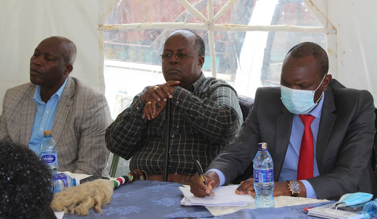 Kikuyu Council of Elders secretary-general Peter Munga, National vice-chairman David Muthoga and Ndaragwa MP Jeremiah Kioni in Nyeri on Wednesday