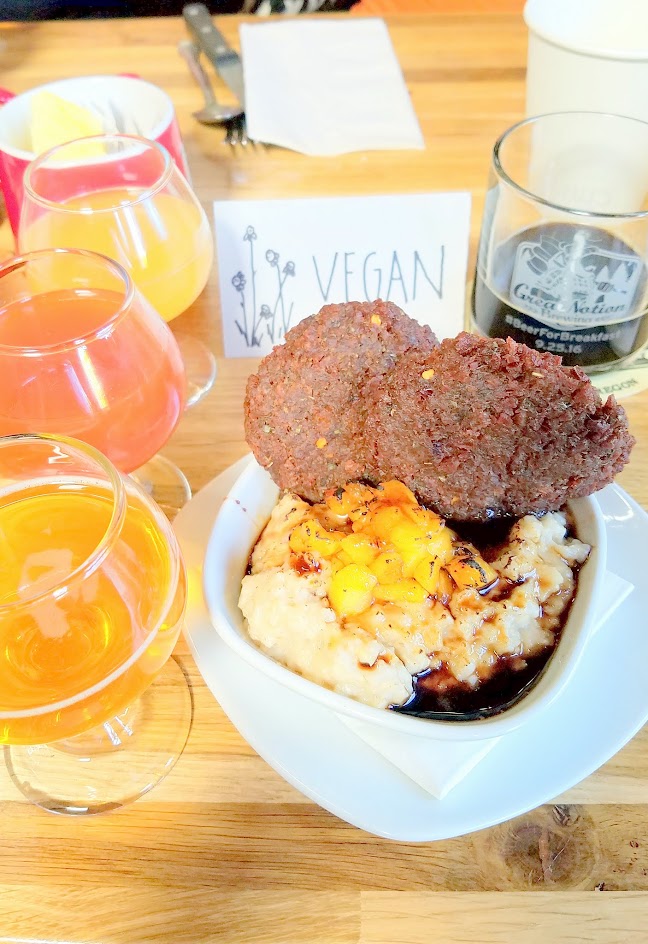 Beer for Breakfast at Great Notion Brewing on September 25, 2016: Course 2 Oatmeal Brulee with grilled peaches, caramelized brown sugar, Double Stack Stout reduction and either housemade sausage or vegan sausage. Beer Pairings of Great Notion Brewing Bellini, Double Mountain Lyle Rider Bloody Mary Red Ale, Scout Beer Porridge Oatmeal Pale with Vanilla and Raisin, and Great Notion Brewing Double Stack Imperial Breakfast Stout