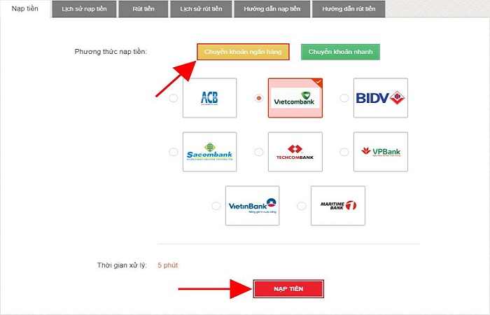 hướng dẫn nạp tiền qua ngân hàng